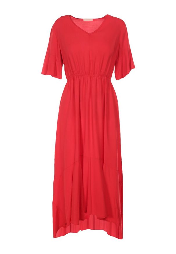 Born2be - Czerwona Sukienka Stamorus. Typ kołnierza: kołnierz z falbankami. Kolor: czerwony. Długość rękawa: krótki rękaw. Wzór: aplikacja. Styl: klasyczny. Długość: midi