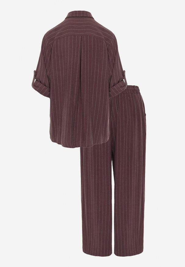 Renee - Brązowy Komplet z Wiskozy i Lnu w Delikatne Prążki Koszula i Spodnie Wide Leg Cliffesa. Kolor: brązowy. Materiał: wiskoza, len. Wzór: prążki