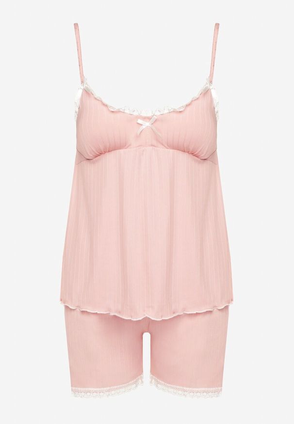 Renee - Beżowy Komplet Piżamowy z Bawełną Spodenki z Koronką i Top z Kokardkami Firavielle. Kolor: beżowy. Materiał: bawełna, koronka. Długość: krótkie. Wzór: koronka