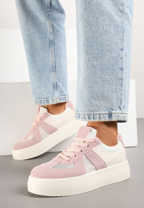 Renee - Różowe Sneakersy Typu Kultowe Tenisówki na Grubej Podeszwie Nanessa. Kolor: różowy. Materiał: jeans