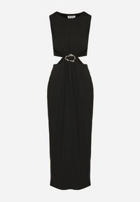 Born2be - Czarna Sukienka z Wiskozą Ozdobiona Wycięciami i Metalową Aplikacją Odivaria. Kolor: czarny. Materiał: wiskoza. Wzór: aplikacja. Styl: klasyczny #5