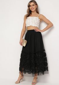 Born2be - Czarna Spódnica Maxi z Tiulowej Siateczki z Gumką w Pasie Johannah. Kolor: czarny. Materiał: tiul. Wzór: kwiaty #4
