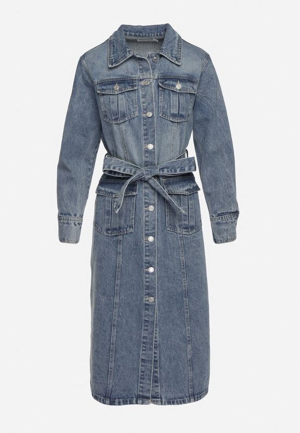 Born2be - Niebieska Koszulowa Sukienka Jeansowa z Bawełny z Kieszeniami i Materiałowym Paskiem Udettia. Kolor: niebieski. Materiał: jeans, materiał, bawełna. Typ sukienki: koszulowe