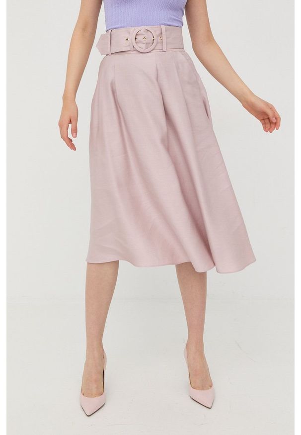 Marciano Guess spódnica z domieszką lnu kolor fioletowy midi rozkloszowana. Kolor: fioletowy. Materiał: len