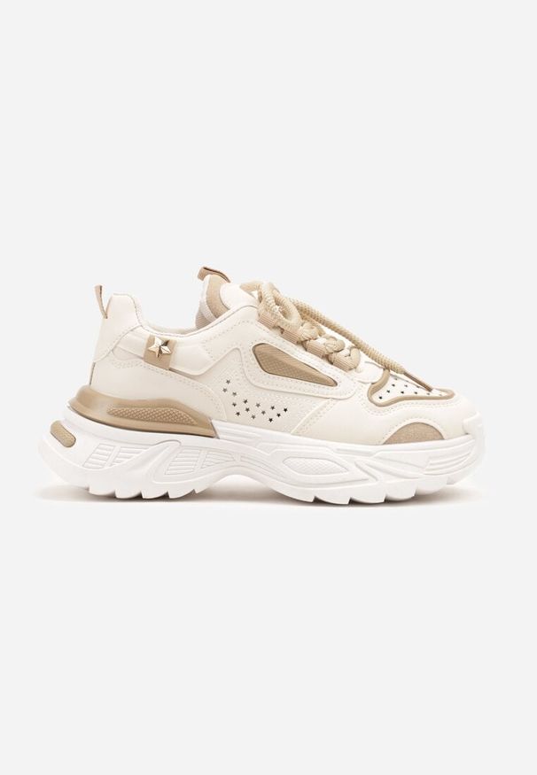 Born2be - Beżowe Sneakersy na Podeszwie z Tłoczeniami w Streetwearowym Stylu Vaniffia. Okazja: na co dzień. Kolor: beżowy. Materiał: jeans. Wzór: aplikacja
