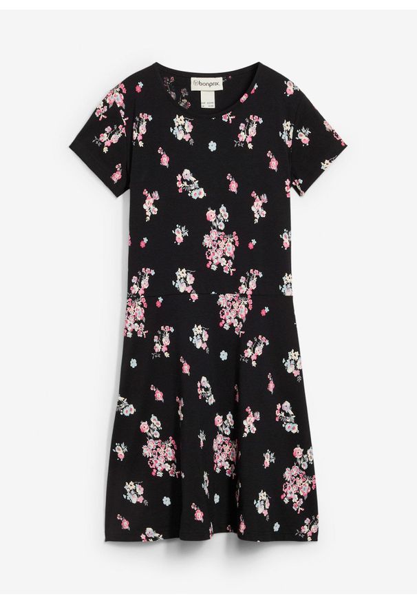bonprix - Sukienka z dżerseju z elastycznego materiału z bawełną organiczną. Kolor: czarny. Materiał: jersey, bawełna, materiał. Wzór: kwiaty