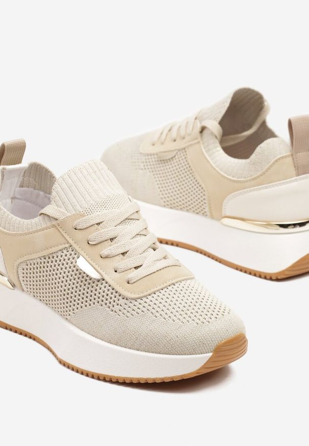 Born2be - Beżowe Siateczkowe Sneakersy Dorami. Okazja: na co dzień. Zapięcie: sznurówki. Kolor: beżowy. Materiał: jeans. Obcas: na płaskiej podeszwie