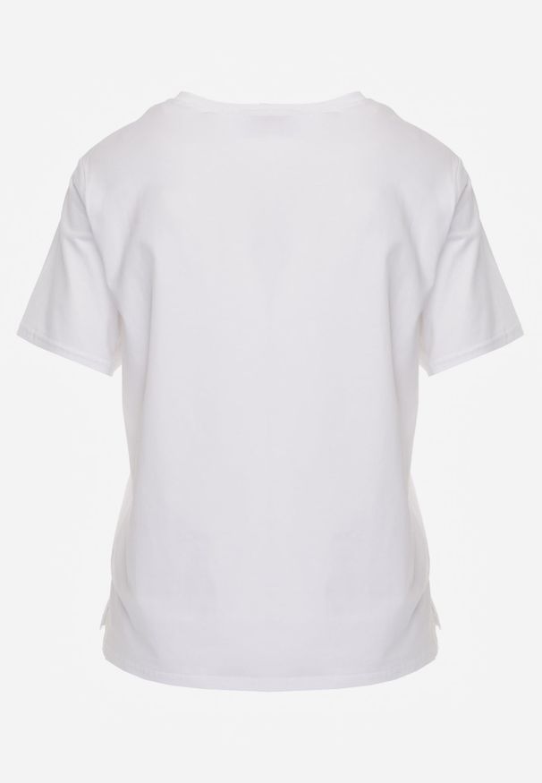 Renee - Biały Bawełniany T-shirt Ozdobiony po Bokach Rozcięciami Brinelle. Kolor: biały. Materiał: bawełna. Wzór: aplikacja. Sezon: lato. Styl: elegancki, sportowy