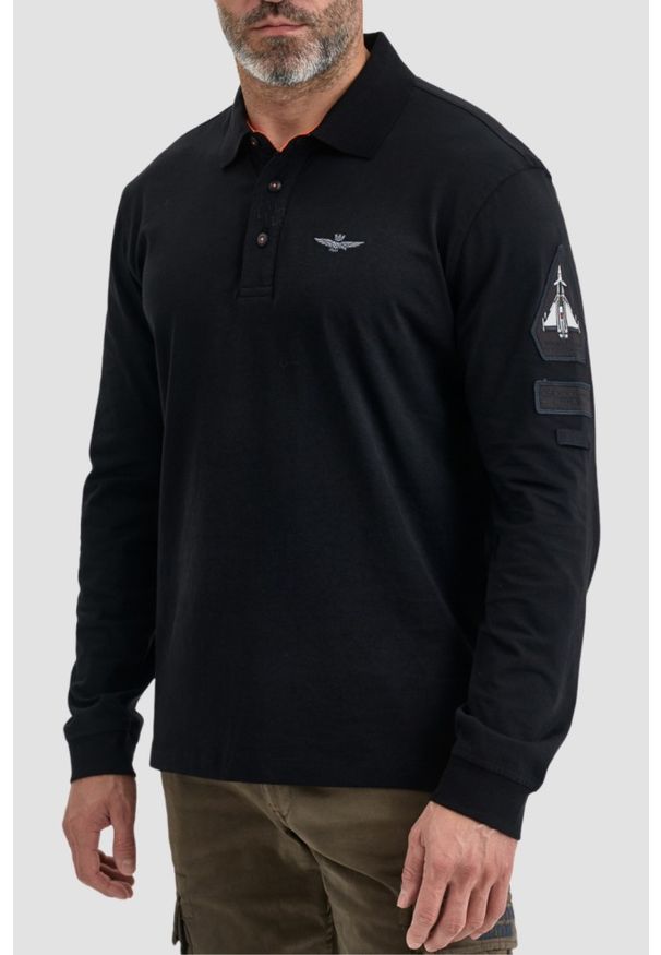 Aeronautica Militare - AERONAUTICA MILITARE Czarny longsleeve polo męski Eurofighter Typhoon. Typ kołnierza: polo. Kolor: czarny. Materiał: bawełna. Długość rękawa: długi rękaw