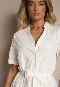Renee - Biała Rozkloszowana Sukienka Koszulowa w Stylu Boho z Haftowanej Tkaniny Rosadwena. Okazja: na co dzień. Kolor: biały. Materiał: tkanina. Wzór: haft. Typ sukienki: koszulowe. Styl: boho #3