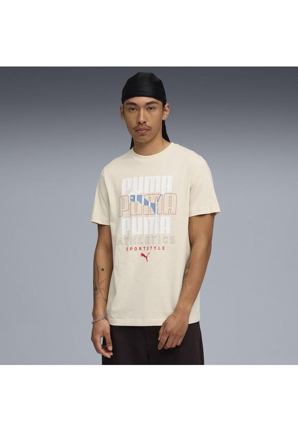 Puma - Męska koszulka z nałożonymi na siebie grafikami PUMA Alpine Snow White. Kolor: biały, wielokolorowy, beżowy. Sport: fitness
