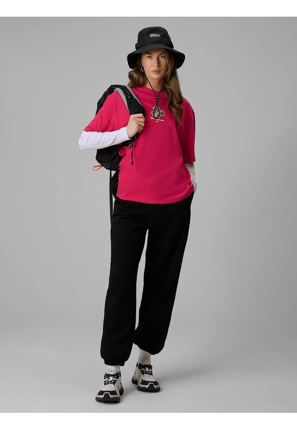 4f - 4F T-shirt loose z nadrukiem damski - różowy L. Okazja: na co dzień. Kolor: różowy. Materiał: dzianina, materiał, bawełna. Wzór: nadruk. Styl: casual