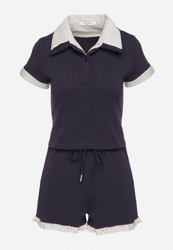 Born2be - Granatowy Bawełniany Komplet Szorty i Bluzka Typu Polo Addoria. Kolor: niebieski. Materiał: bawełna