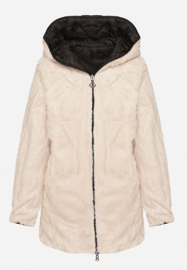 Born2be - Czarno-Beżowa Pikowana Kurtka Dwustronna z Kapturem i Futerkiem Rinaresa. Okazja: na co dzień. Typ kołnierza: kaptur. Kolor: czarny. Materiał: futro. Styl: casual, elegancki