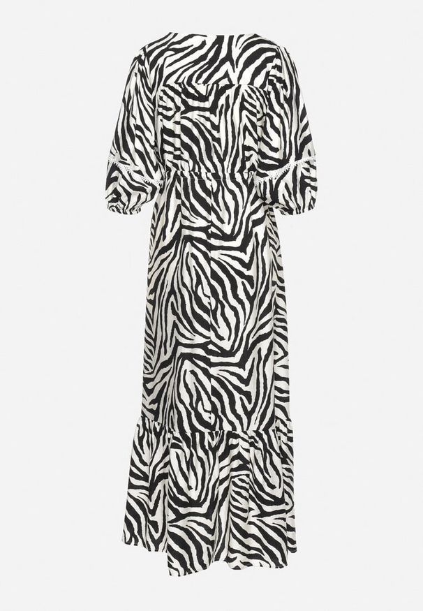 Born2be - Czarno-Biała Sukienka z Bawełny i Wiskozy w Abstrakcyjne Paski ze Sznurkiem w Talii Navarae. Okazja: na co dzień. Kolor: czarny. Materiał: bawełna, wiskoza. Wzór: paski. Typ sukienki: proste. Styl: wizytowy, casual