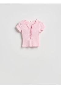 Reserved - Bluzka z wiązaniem - pastelowy róż. Kolor: różowy. Materiał: prążkowany, dzianina, bawełna #1