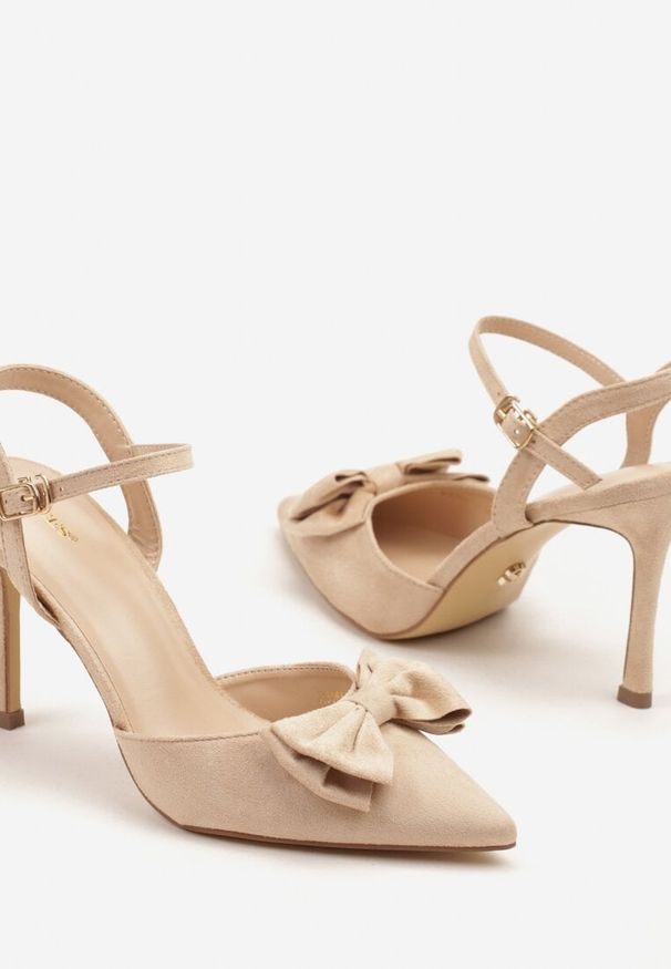 Renee - Beżowe Sandały na Szpilce Vices z Kokardą Saralin. Okazja: na co dzień. Zapięcie: sprzączka. Kolor: beżowy. Materiał: jeans. Obcas: na szpilce. Styl: casual