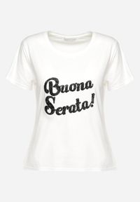 Born2be - Biały Bawełniany T-shirt z Ozdobnym Napisem z Cyrkonii Tiavalia. Okazja: na co dzień. Kolor: biały. Materiał: bawełna. Wzór: napisy. Styl: wizytowy, klasyczny, elegancki, casual #7