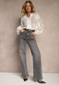 Renee - Szare Jeansy High Waist o Szerokim Kroju Sesinia. Okazja: na co dzień. Stan: podwyższony. Kolor: szary. Długość: długie. Styl: elegancki, casual #3