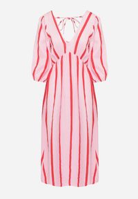Born2be - Różowo-Pomarańczowa Taliowana Sukienka z Bawełny z Motywem Pasków Rivettes. Okazja: na co dzień, do pracy. Typ kołnierza: dekolt w kształcie V. Kolor: różowy. Materiał: bawełna. Wzór: aplikacja. Typ sukienki: proste. Styl: klasyczny, casual, elegancki #2