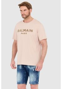 Balmain - BALMAIN Beżowy t-shirt z aksamitnym logo flock and foil. Kolor: beżowy #2