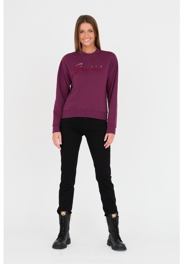 Guess - GUESS Bordowa damska bluza z cyrkoniami, Rozmiar S. Kolor: czerwony