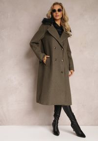 Renee - Ciemnozielony Płaszcz Amatheris. Kolor: zielony. Materiał: jeans, poliester, futro, materiał. Długość: długie