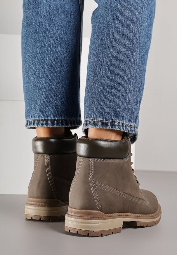 Renee - Brązowe Sznurowane Traperki w Casualowym Stylu Anavitte. Zapięcie: pasek. Kolor: brązowy. Materiał: jeans. Szerokość cholewki: normalna. Wzór: paski. Sezon: jesień