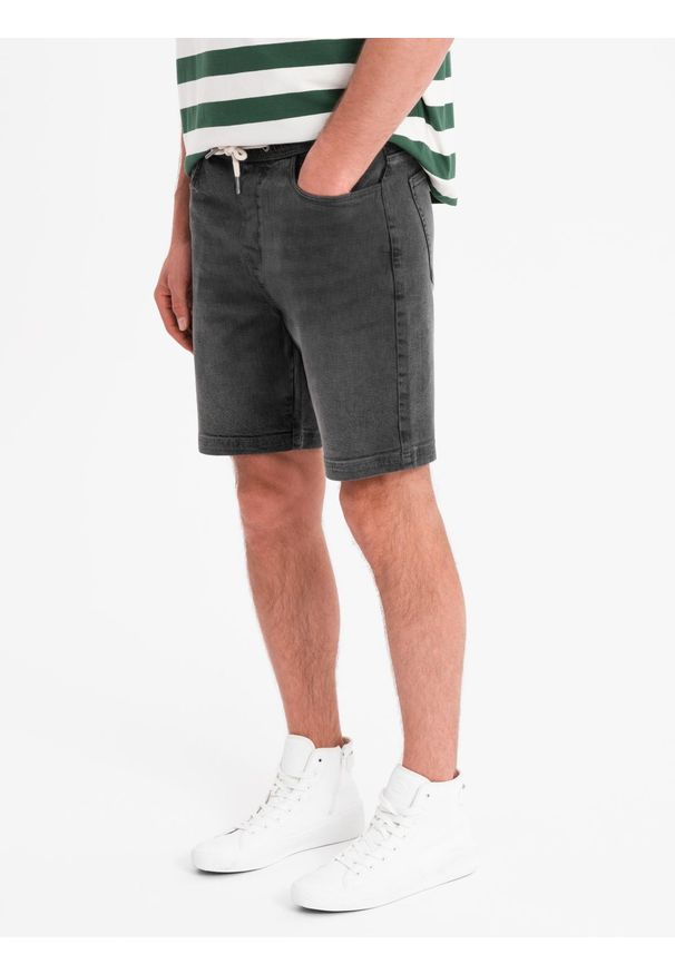 Ombre Clothing - Szorty męskie z gumką w pasie i efektem sprania – szare V3 - Rozmiar: XXL. Okazja: na co dzień. Kolor: szary. Materiał: skóra, denim, materiał, bawełna, elastan. Sezon: lato. Styl: casual, elegancki