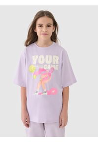 4f - 4F T-shirt oversize z nadrukiem dziewczęcy - fioletowy 146 (10-11 lat). Okazja: na co dzień. Kolor: fioletowy. Materiał: dzianina, bawełna, jersey. Długość rękawa: krótki rękaw. Długość: krótkie. Wzór: nadruk. Sezon: lato. Styl: klasyczny, sportowy, casual