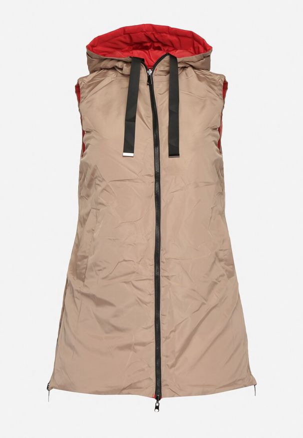 Born2be - Czerwona Pikowana Kamizelka Dwustronna z Kapturem i Troczkami Nevetiani. Typ kołnierza: kaptur. Kolor: czerwony. Materiał: jeans. Styl: elegancki