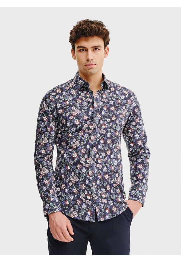 Pako Lorente - PAKO LORENTE – Granatowa koszula męska w kwiaty. Kolor: niebieski. Materiał: bawełna, elastan. Długość rękawa: długi rękaw. Długość: długie. Wzór: kwiaty