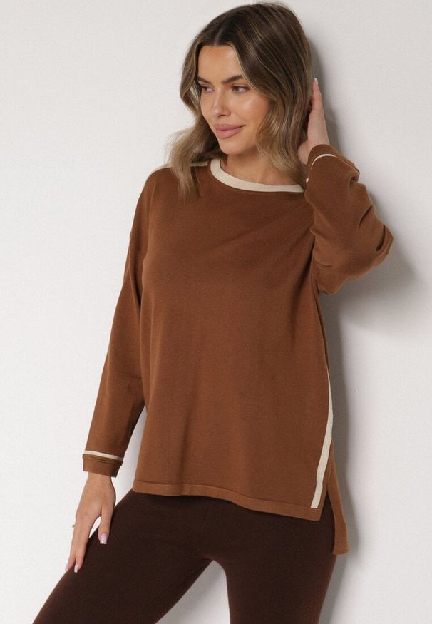 Born2be - Brązowy Sweter z Bawełną i Metaliczną Nicią Tusima. Kolor: brązowy. Materiał: bawełna. Styl: klasyczny, elegancki