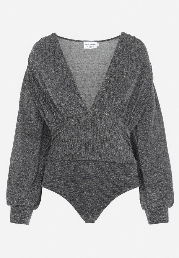 Born2be - Srebrne Body Brokatowe z Głębokim Dekoltem Resse. Okazja: na co dzień. Typ kołnierza: dekolt w kształcie V. Kolor: srebrny. Materiał: jeans. Długość rękawa: długi rękaw. Długość: długie. Wzór: aplikacja. Styl: elegancki, casual