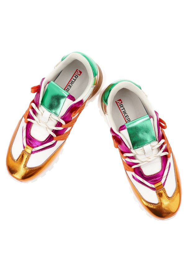 Pomarańczowe Sneakersy Artiker Wygodne Sportowe Obuwie Damskie. Okazja: na co dzień. Zapięcie: sznurówki. Kolor: biały. Materiał: skóra ekologiczna, guma, tkanina. Szerokość cholewki: normalna