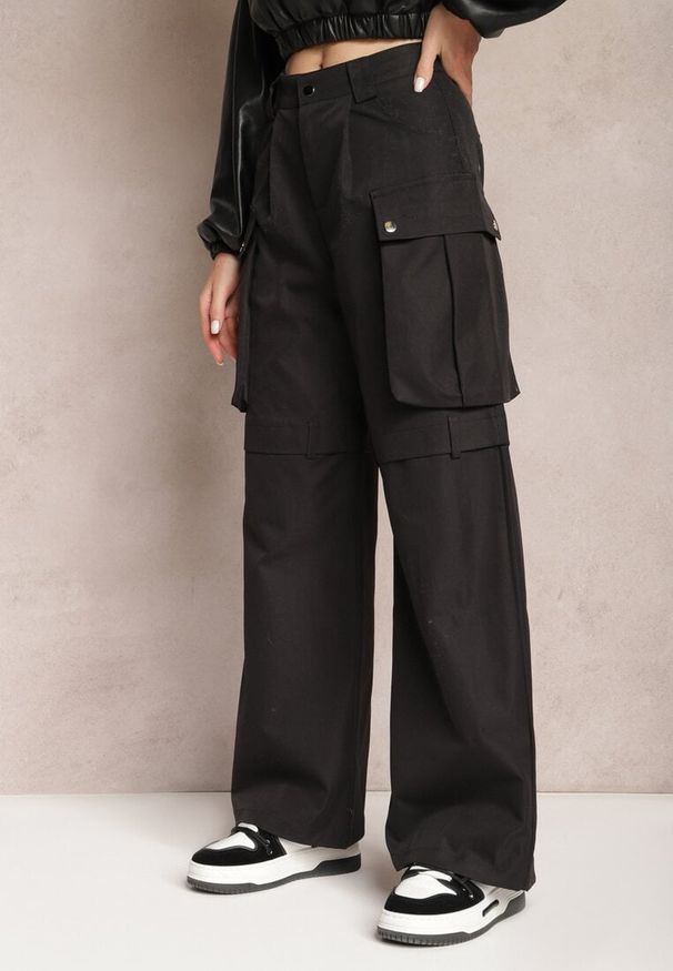 Renee - Czarne Szerokie Spodnie High Waist w Stylu Cargo Vomisal. Stan: podwyższony. Kolor: czarny. Materiał: tkanina. Sezon: zima