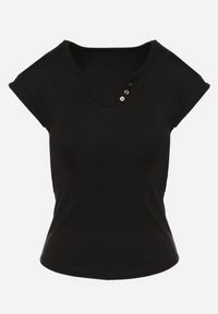Born2be - Czarny T-shirt o Dopasowanym Kroju z Wycięciem i Guzikami przy Dekolcie Ballirea. Okazja: na co dzień. Kolor: czarny. Materiał: jeans. Wzór: aplikacja. Styl: elegancki, casual #7