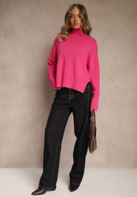 Renee - Fuksjowy Gładki Golf Casual Ralloria. Okazja: na co dzień. Typ kołnierza: golf. Kolor: różowy. Materiał: jeans, prążkowany. Długość rękawa: długi rękaw. Długość: długie. Wzór: gładki. Styl: casual #4
