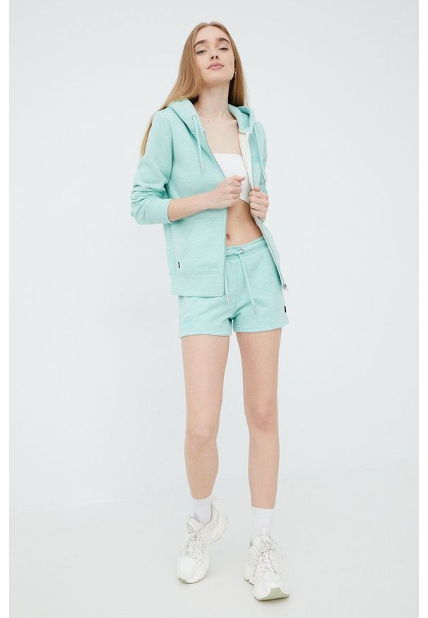 Superdry bluza damska kolor zielony z kapturem z aplikacją. Okazja: na co dzień. Typ kołnierza: kaptur. Kolor: zielony. Materiał: materiał, bawełna, dzianina. Wzór: aplikacja. Styl: casual