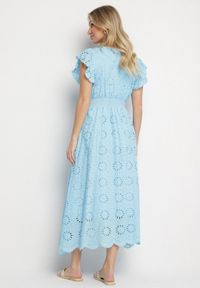 Born2be - Niebieska Ażurowa Sukienka z Kopertowym Dekoltem i Bufiastymi Rękawami Ldivane. Okazja: na imprezę, na co dzień. Kolor: niebieski. Wzór: ażurowy. Sezon: lato. Typ sukienki: kopertowe. Styl: casual #7