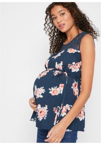 bonprix - Bluzka ciążowa z koronką z wiskozy. Kolekcja: moda ciążowa. Kolor: niebieski. Materiał: wiskoza, koronka. Długość rękawa: na ramiączkach. Wzór: koronka. Sezon: lato #1