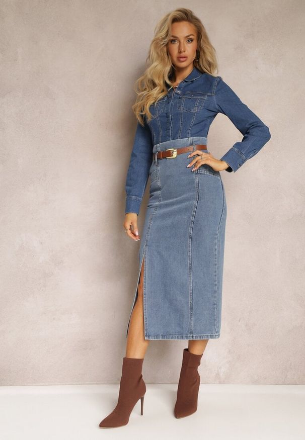 Renee - Granatowa Jeansowa Spódnica Ołówkowa z Dodatkowym Paskiem Caladyn. Okazja: na co dzień. Stan: podwyższony. Kolor: niebieski. Materiał: jeans. Styl: casual