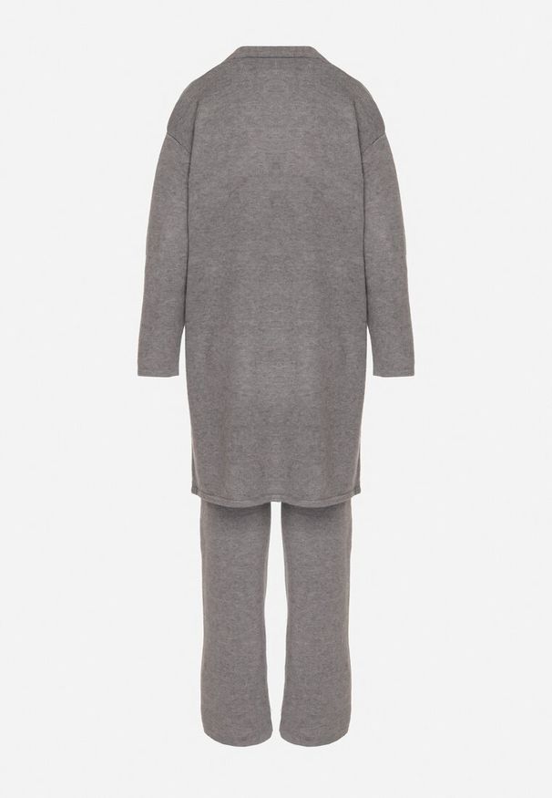 Born2be - Szary Dzianinowy Komplet z Wełną Kamizelka Długi Kardigan i Spodnie Otizela. Kolekcja: plus size. Kolor: szary. Materiał: dzianina, wełna