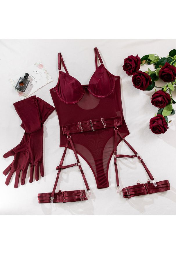 Intica - Body z pasem do pończoch i rękawiczkami na romantyczne wieczory Orelia. Kolor: czerwony. Materiał: materiał