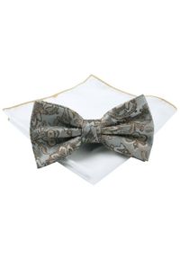 Męska Mucha (Poszetka w Zestawie) - Chattier - Beżowy Wzór, Stalowe Tło. Kolor: brązowy, wielokolorowy, beżowy. Styl: sportowy, elegancki