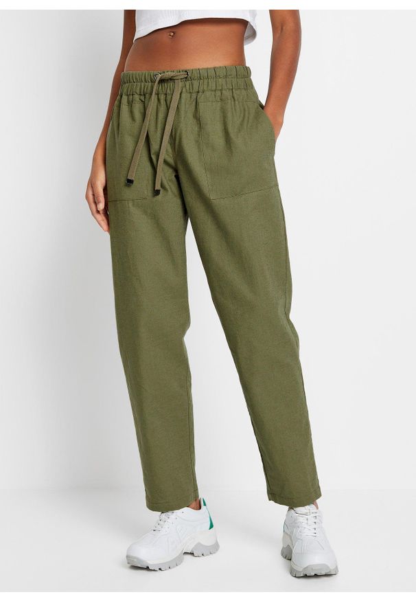 bonprix - Spodnie z gumką w talii z przewiewnego materiału z domieszką lnu. Kolor: zielony. Materiał: materiał, len