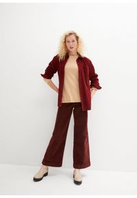bonprix - Szerokie spodnie sztruksowe ze stretchem, high-waist. Stan: podwyższony. Kolor: brązowy. Materiał: sztruks