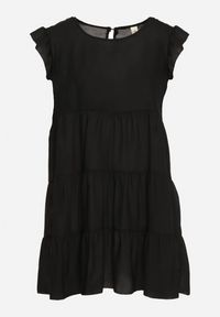 Born2be - Czarna Rozkloszowana Sukienka z Falbankami Zapinana przy Szyi Rettesa. Okazja: na co dzień. Typ kołnierza: kołnierz z falbankami. Kolor: czarny. Materiał: wiskoza, tkanina. Sezon: lato. Styl: elegancki, casual #3