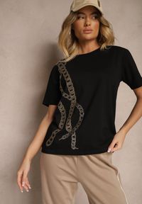 Renee - Czarny T-shirt z Bawełny Ozdobiony Cyrkoniami Lavnelis. Kolor: czarny. Materiał: bawełna. Wzór: aplikacja #3