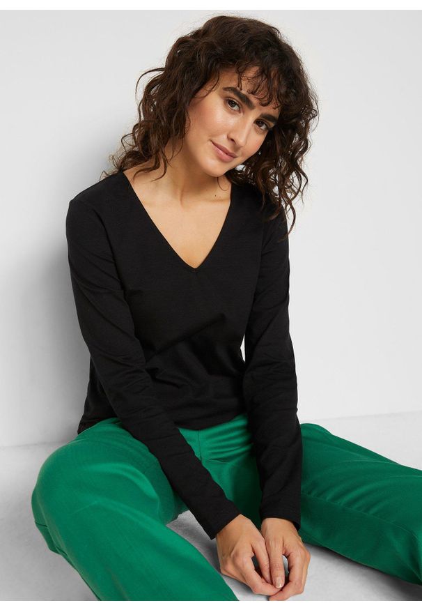 bonprix - Shirt z długim rękawem, z czystej bawełny organicznej. Typ kołnierza: dekolt w serek. Kolor: czarny. Materiał: bawełna. Długość rękawa: długi rękaw. Długość: długie